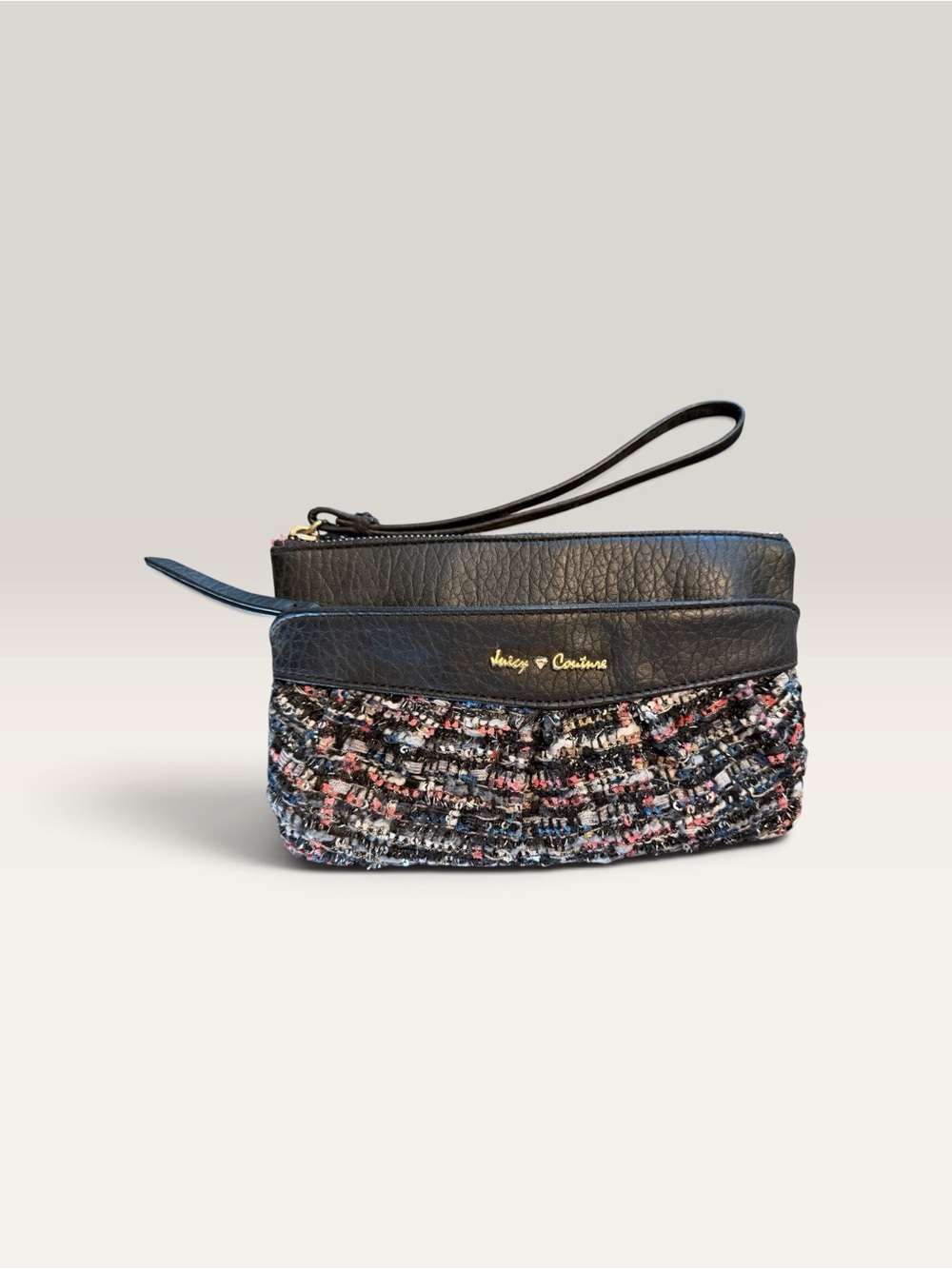 𝓙𝓾𝓲𝓬𝔂 𝓒𝓸𝓾𝓽𝓾𝓻𝓮 Black Leather & Tweed Wristlet Clutch